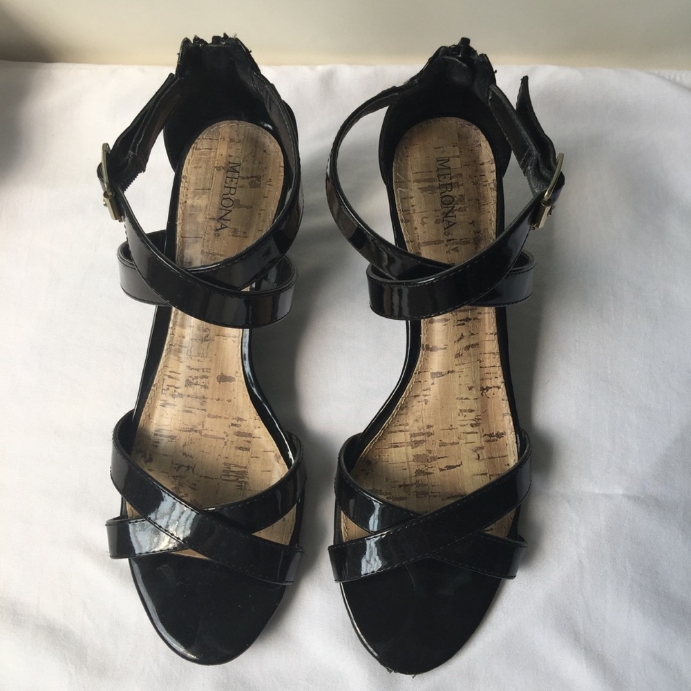Black Patent Leather Wedge Sandals